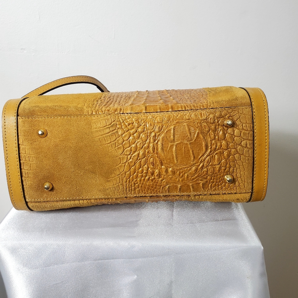 Mustard Yellow Croc-Embossed Suede Satchel Handbag - Picture 4 of 10